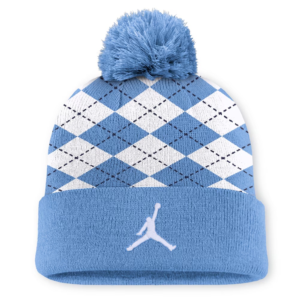 North Carolina Tar Heels Jordan Brand Men's Argyle Peak Cuffed Knit Hat with Pom - Carolina Blue