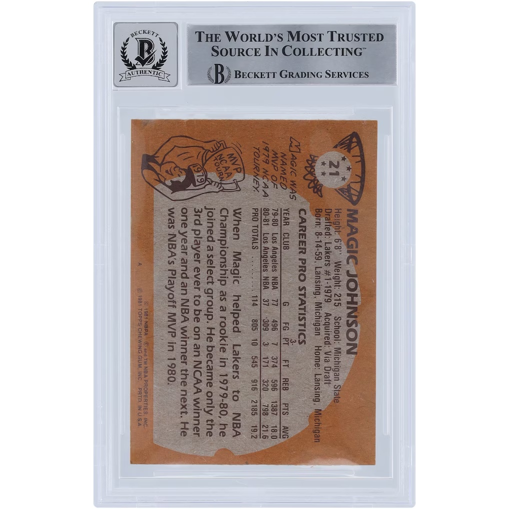 Magic Johnson Los Angeles Lakers Autographed 1981-82 Topps #21 Beckett Fanatics Witnessed Authenticated 10 Card