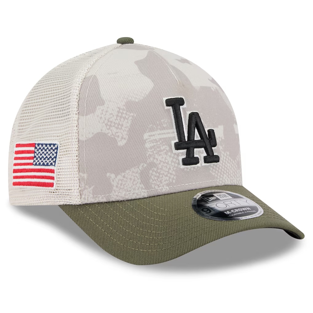 Los Angeles Dodgers New Era 2025 Armed Forces Day 9FORTY M-Crown A-Frame Adjustable Hat - Light Beige/Olive