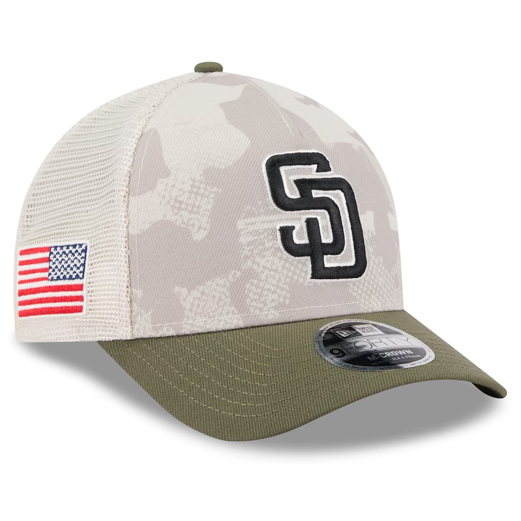 San Diego Padres New Era 2025 Armed Forces Day 9FORTY M-Crown A-Frame Adjustable Hat - Light Beige/Olive