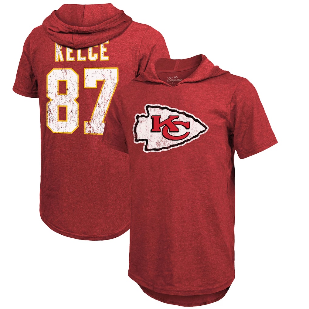 Travis Kelce Kansas City Chiefs Majestic Threads Player Name & Number Tri-Blend Hoodie T-Shirt - Red