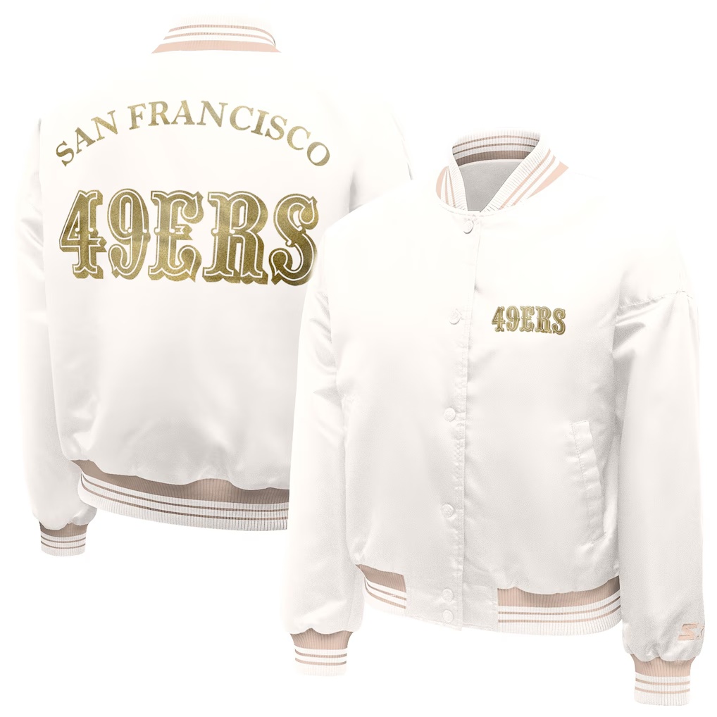San Francisco 49ers Starter Women's Fashion Script Satin Varsity Jacket - Cream