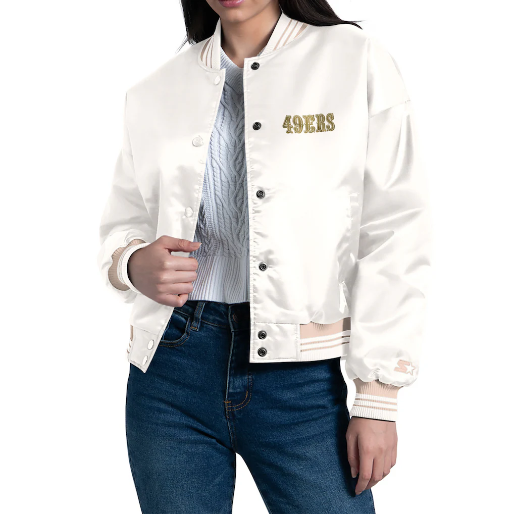 San Francisco 49ers Starter Women's Fashion Script Satin Varsity Jacket - Cream