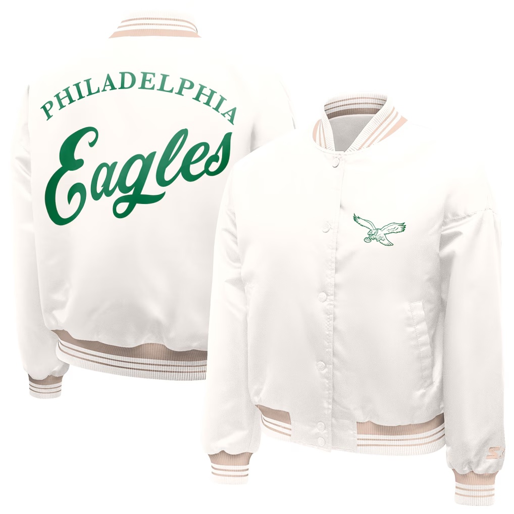 Philadelphia Eagles Starter Women's Fashion Script Satin Full-Snap Varsity Jacket - Cream