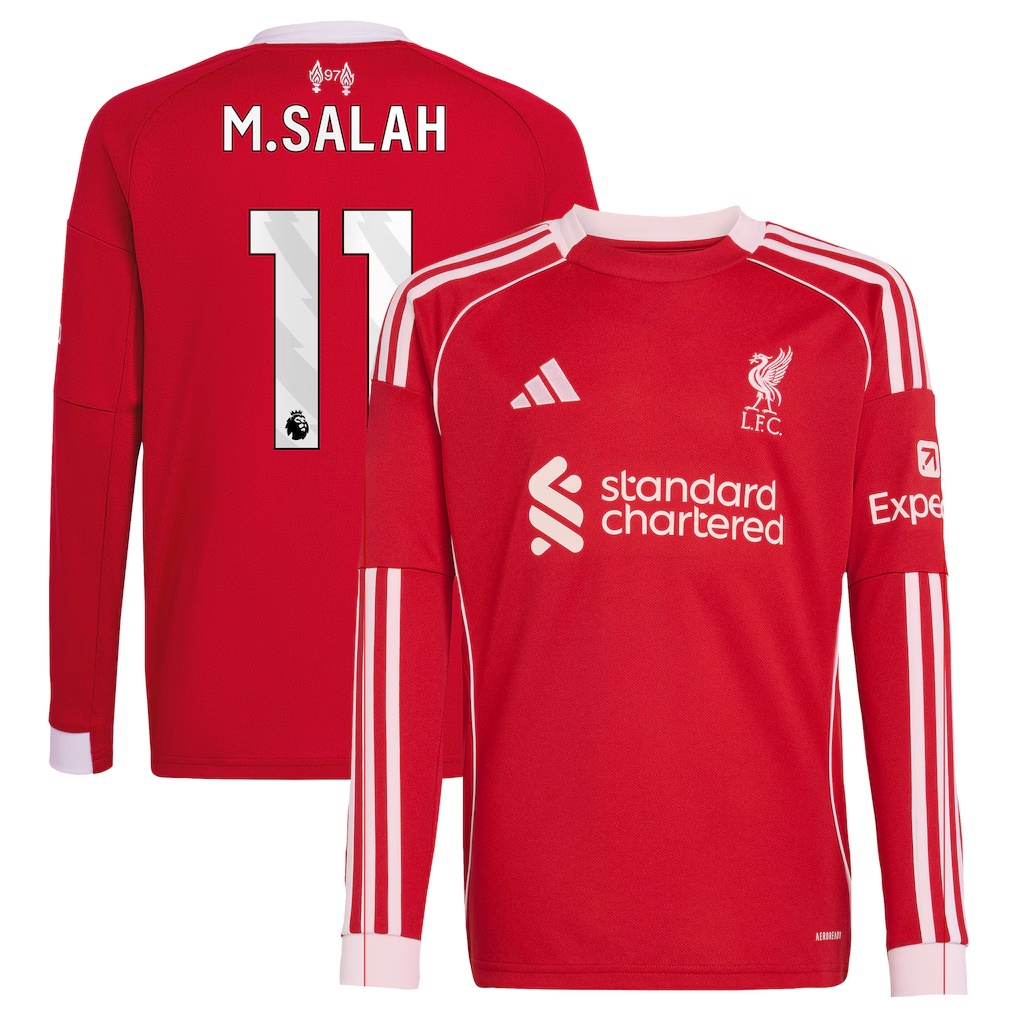 Mohamed Salah Liverpool adidas Youth 2025/26 Home Replica Long Sleeve Jersey - Red
