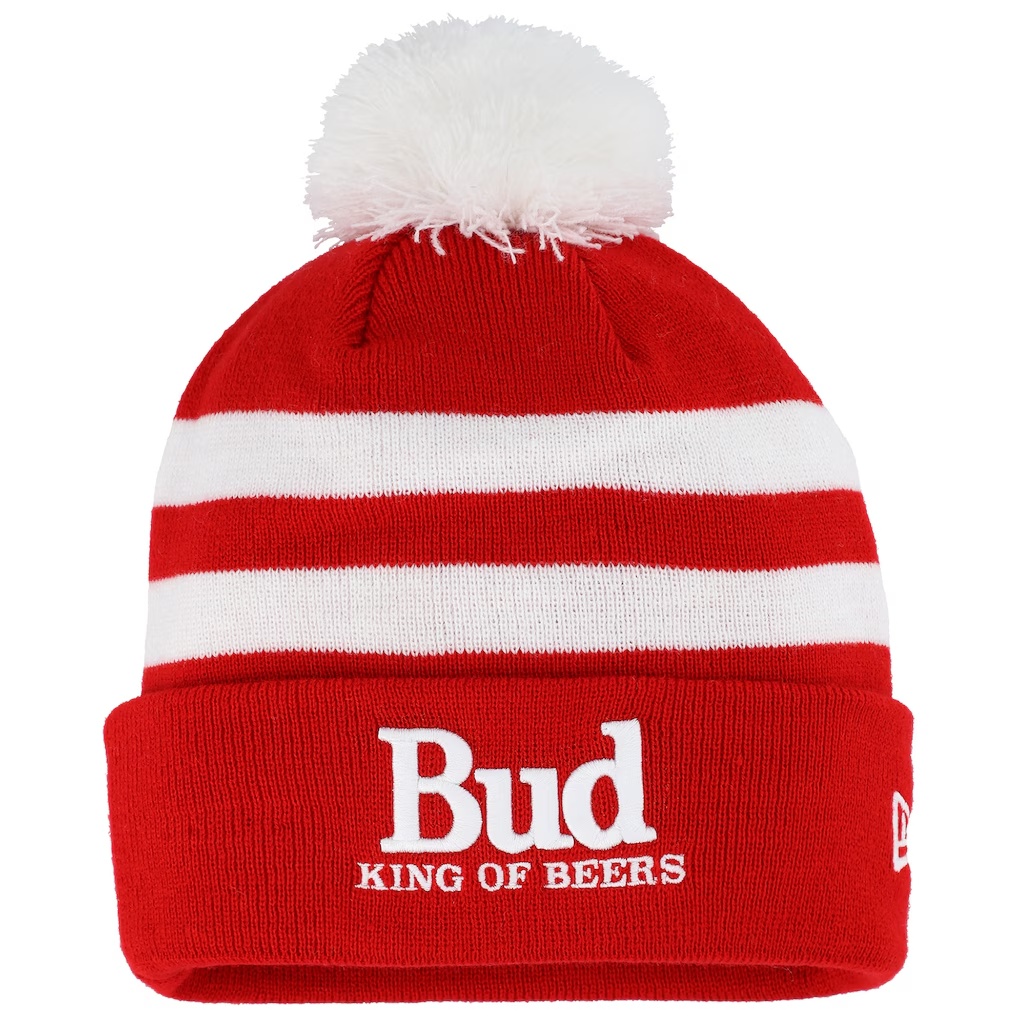 Ken Schrader New Era Bud King of Beers Cuffed Knit Hat with Pom - Scarlet