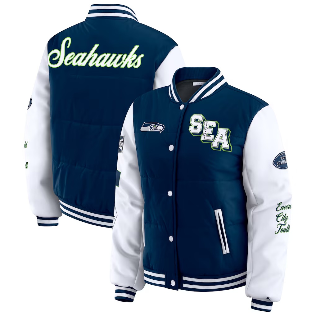 Seattle Seahawks WEAR by Erin Andrews Women's Varsity Full-Snap Puffer Jacket - College Navy