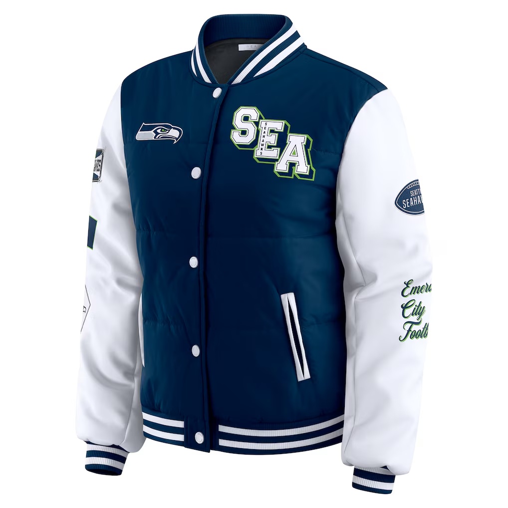 Seattle Seahawks WEAR by Erin Andrews Women's Varsity Full-Snap Puffer Jacket - College Navy