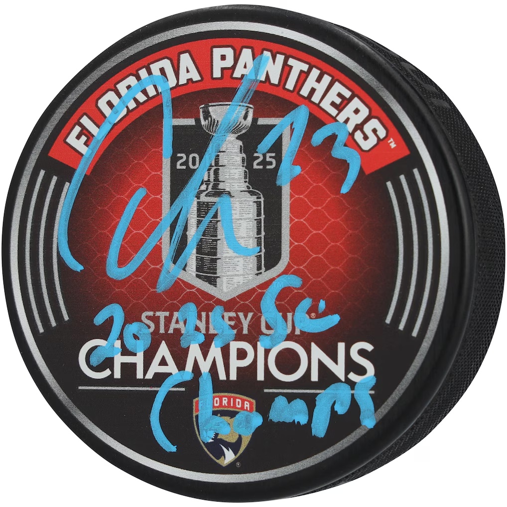 Carter Verhaeghe Florida Panthers Autographed Fanatics Authentic 2025 Stanley Cup Champions Hockey Puck with "2025 SC Champs" Inscription