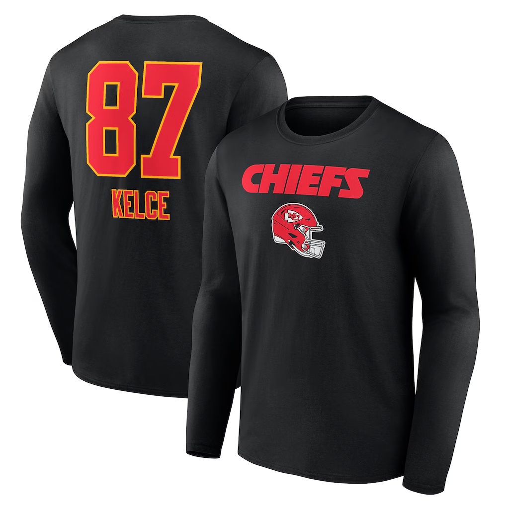 Travis Kelce Kansas City Chiefs Team Wordmark Player Name & Number Long Sleeve T-Shirt - Black