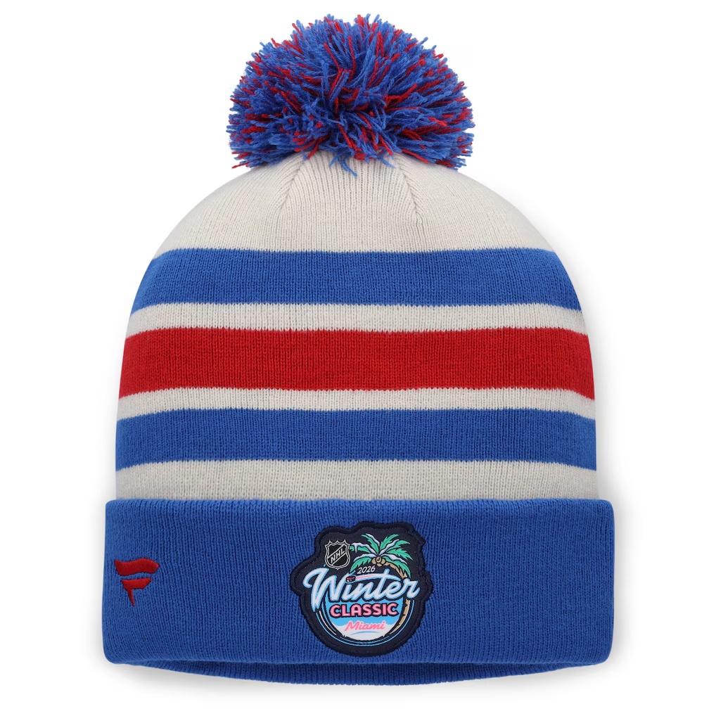 New York Rangers Fanatics 2026 NHL Winter Classic Cuffed Pom Knit Hat - Cream/Blue