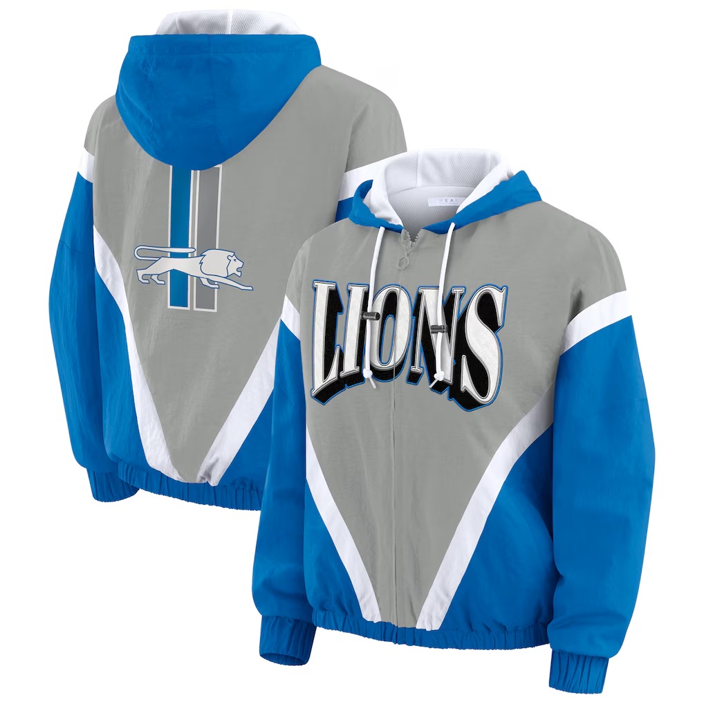 Detroit Lions WEAR by Erin Andrews Women's Retro Crinkle Full-Zip Hoodie Windbreaker - Blue/Silver