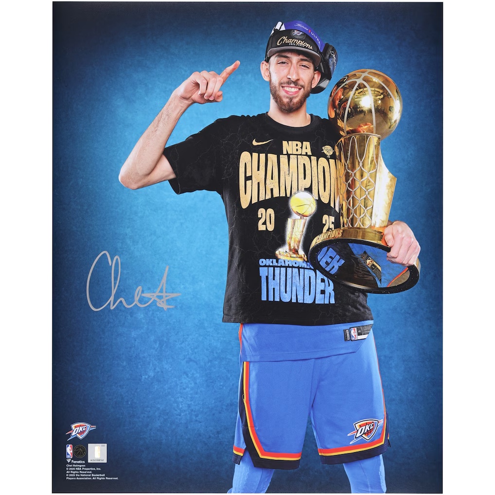 4263-Chet-Holmgren-Oklahoma-City-Thunder-Autographed-Fanatics-Authentic-16-x-20-2025-NBA-Finals-Champions-Trophy-Photograph-1.jpg Chet Holmgren Oklahoma City Thunder Autographed Fanatics Authentic 16" x 20" 2025 NBA Finals Champions Trophy Photograph