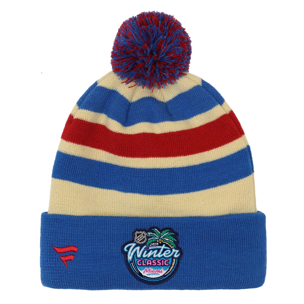 New York Rangers Fanatics Youth 2026 NHL Winter Classic Cuffed Pom Knit Hat - Cream/Blue