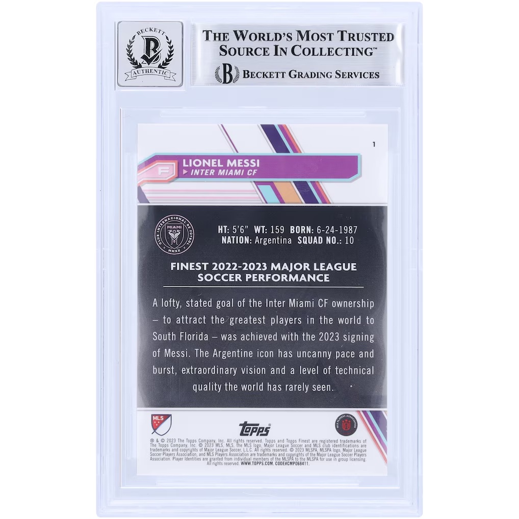 Lionel Messi Inter Miami CF Autographed 2023 Topps Finest MLS #1 BAS Authenticated 10 Card