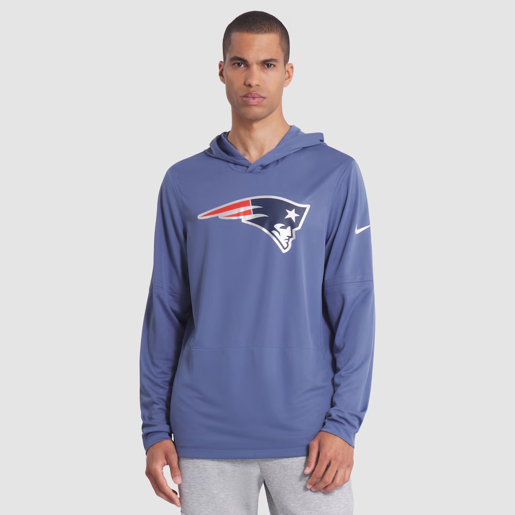 New England Patriots Nike 2025 Rivalries Collection Sideline Dri-FIT Long Sleeve Hoodie T-Shirt - Storm Blue