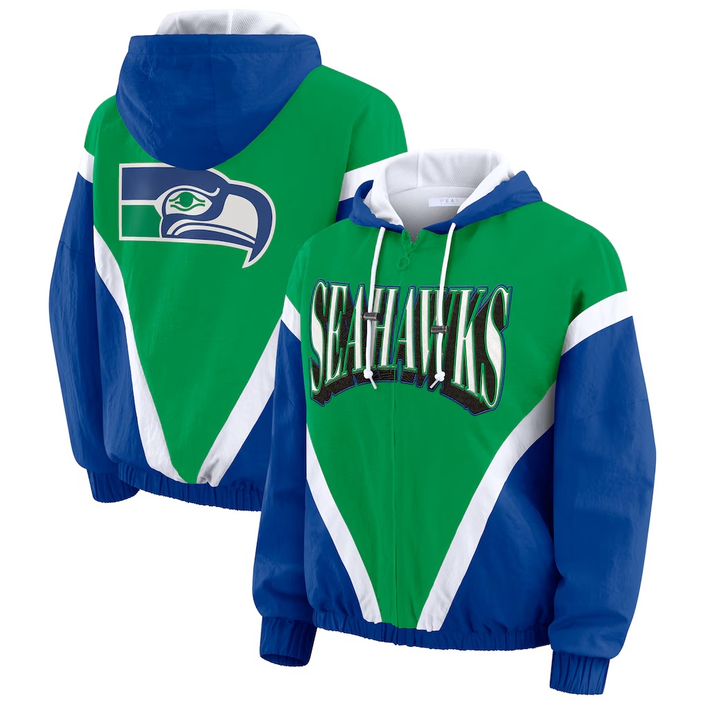 Seattle Seahawks WEAR by Erin Andrews Women's Retro Crinkle Full-Zip Hoodie Windbreaker - Green/Royal
