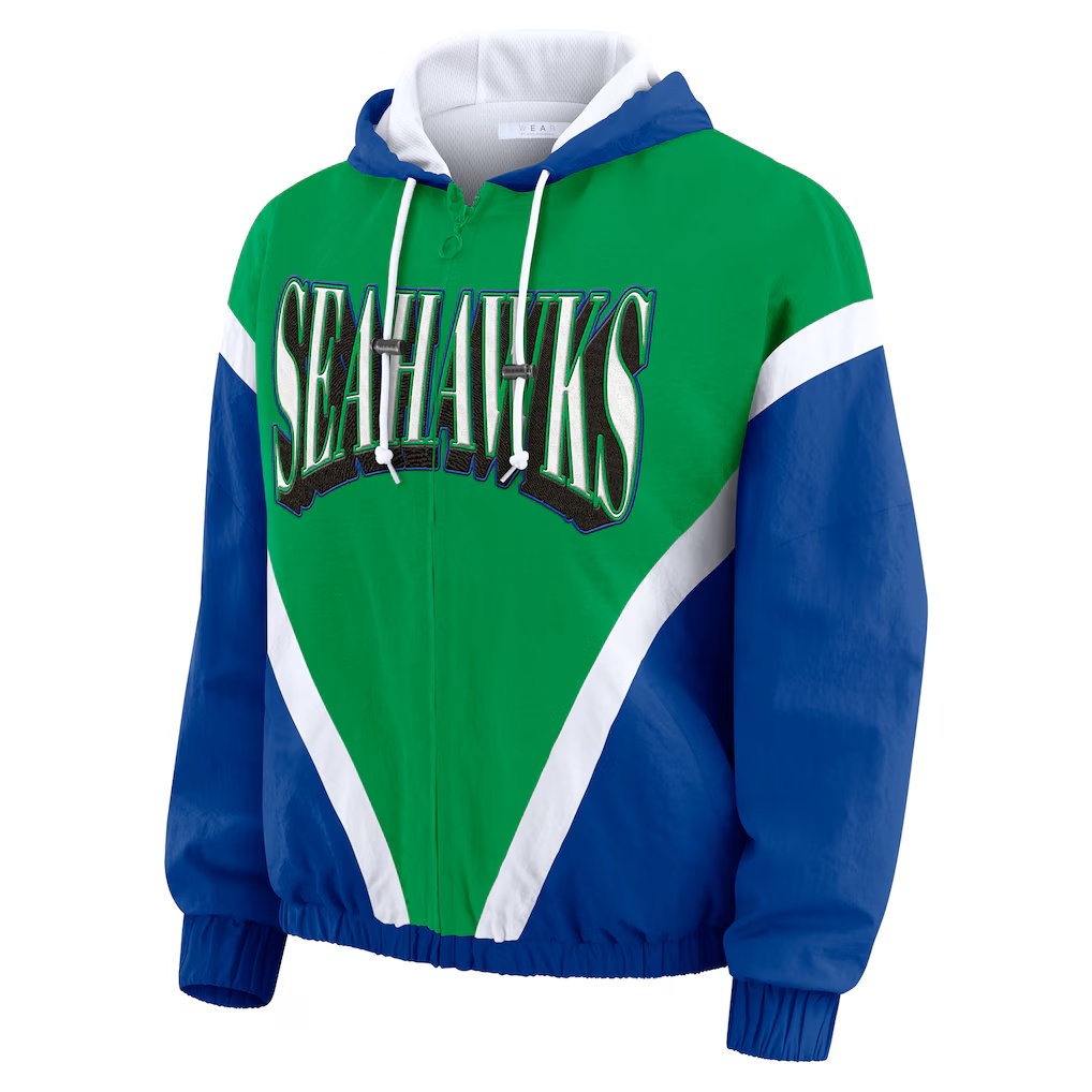 Seattle Seahawks WEAR by Erin Andrews Women's Retro Crinkle Full-Zip Hoodie Windbreaker - Green/Royal