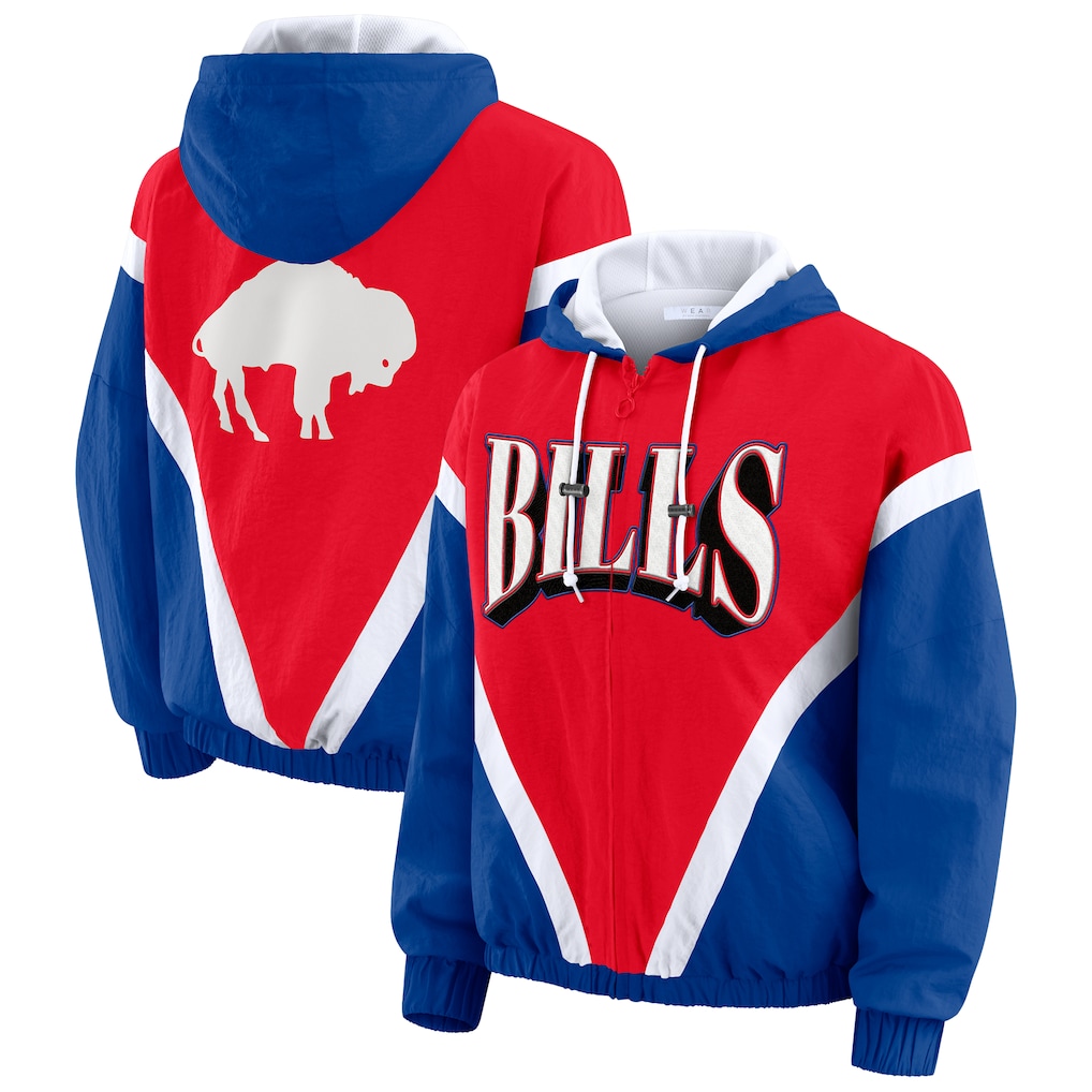 Buffalo Bills WEAR by Erin Andrews Women's Retro Crinkle Full-Zip Hoodie Windbreaker - Red/Royal