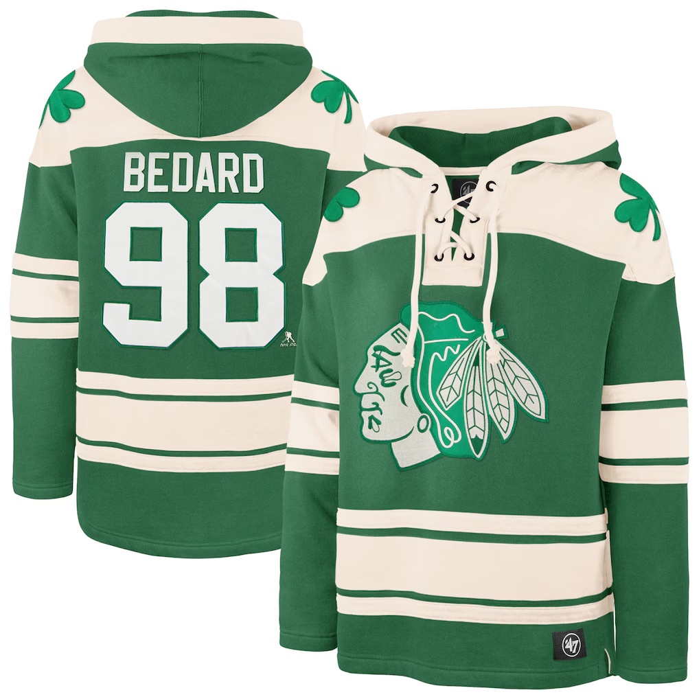 Connor Bedard Chicago Blackhawks '47 St. Patrick's Day Player Name & Number Lacer Pullover Hoodie - Kelly Green