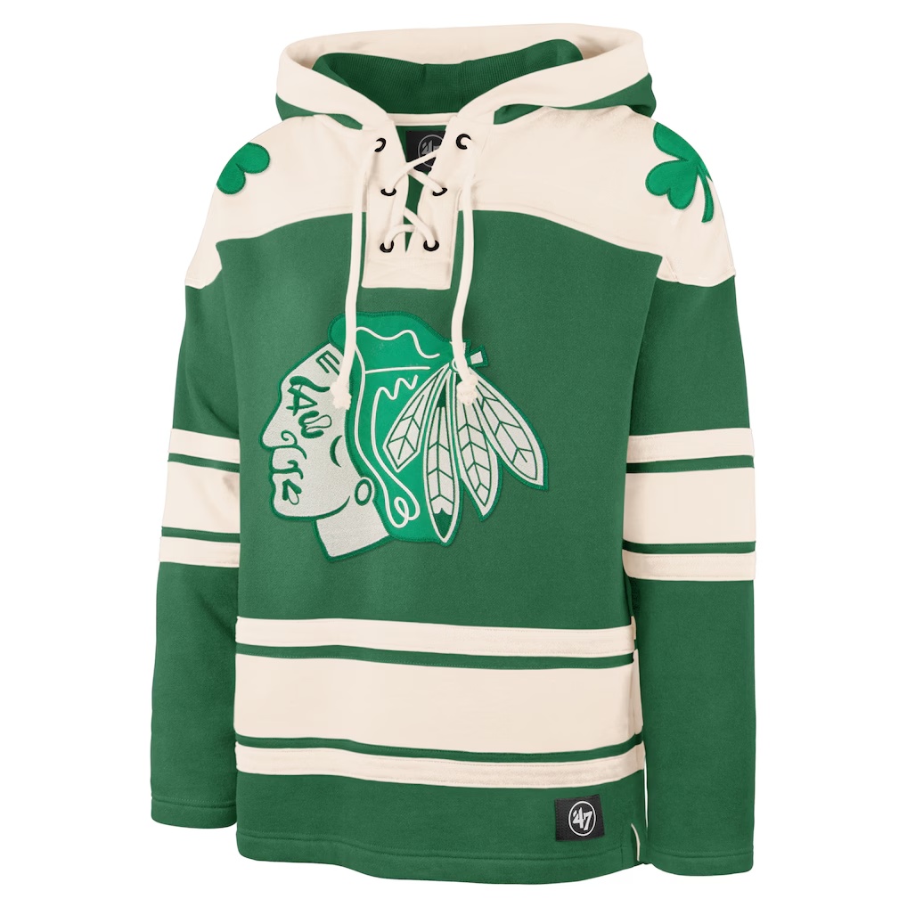 Connor Bedard Chicago Blackhawks '47 St. Patrick's Day Player Name & Number Lacer Pullover Hoodie - Kelly Green