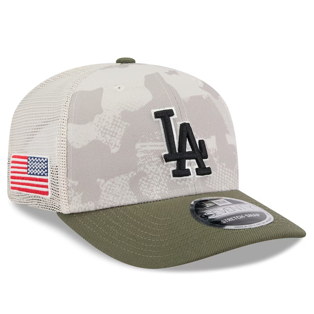 Los Angeles Dodgers New Era 2025 Armed Forces Day 9SEVENTY Stretch-Snap Hat - Light Beige/Olive