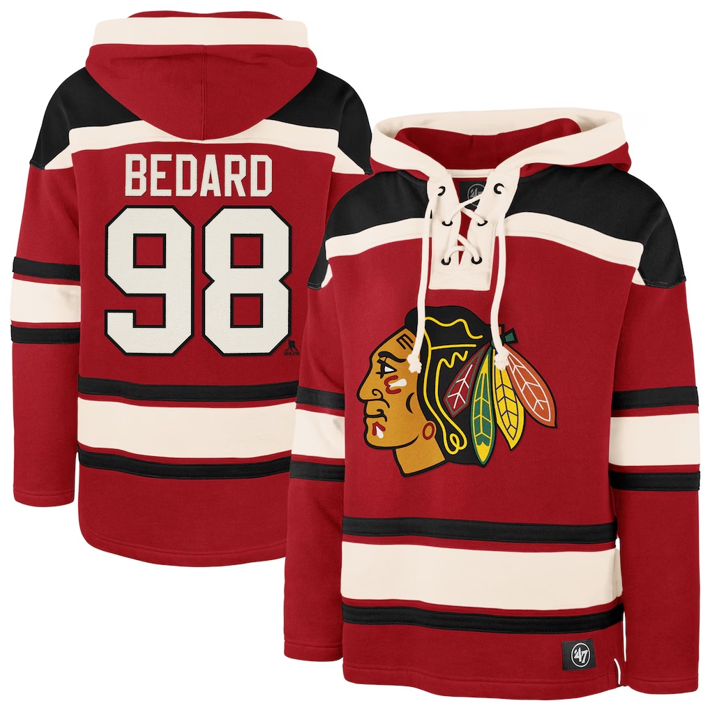 Connor Bedard Chicago Blackhawks '47 Player Name & Number Lacer Pullover Hoodie - Red