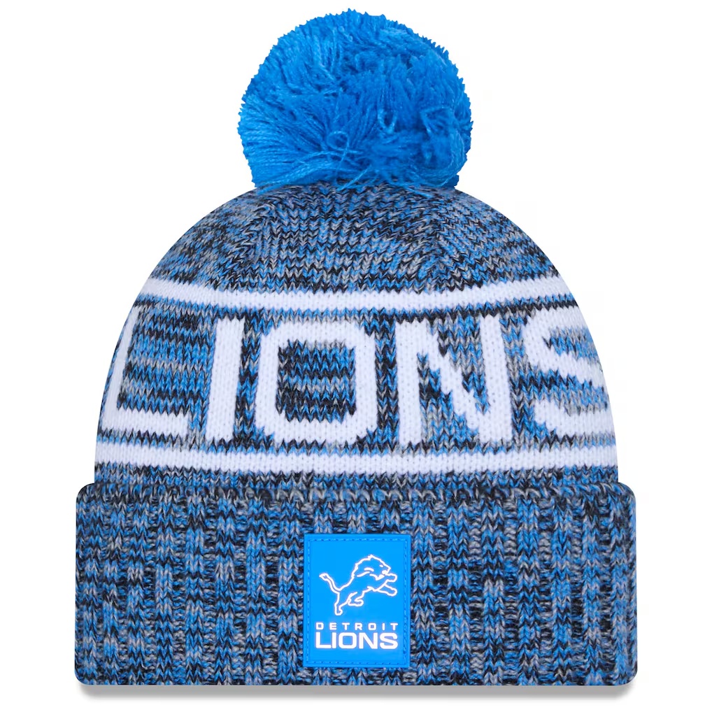 Detroit Lions New Era 2025 Sideline Cold Weather Cuffed Knit Hat with Pom - Blue