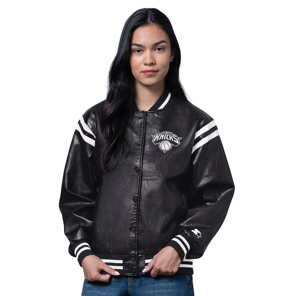 New York Knicks Starter Women's High Heat Leather Varsity Full-Snap Jacket - Black