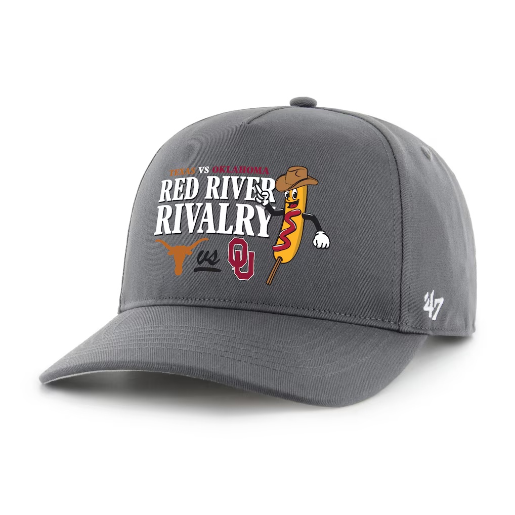 Texas Longhorns vs. Oklahoma Sooners '47 Red River Rivalry Showdown Corn Dog Hitch Adjustable Hat - Charcoal
