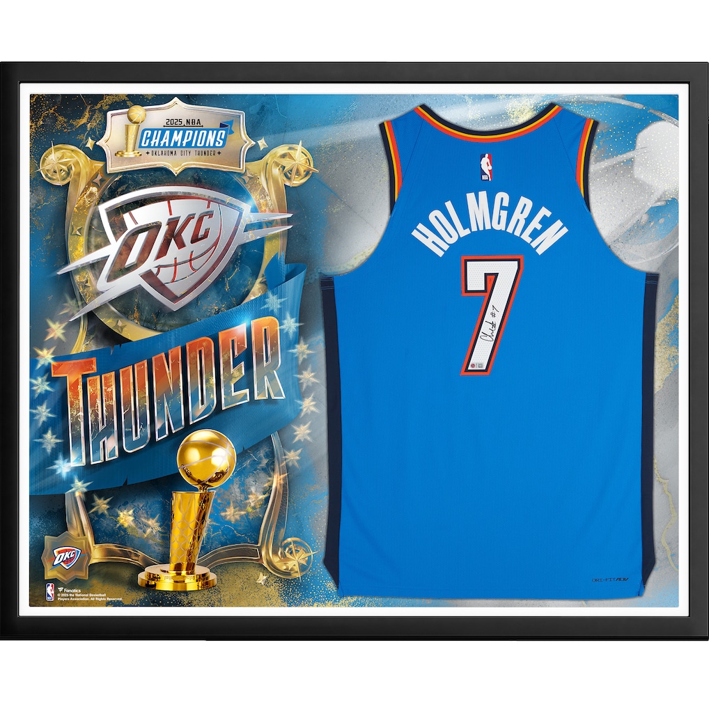 Chet Holmgren Oklahoma City Thunder Autographed Fanatics Authentic 2025 NBA Finals Champions Framed Nike Blue Icon Authentic Jersey Collage