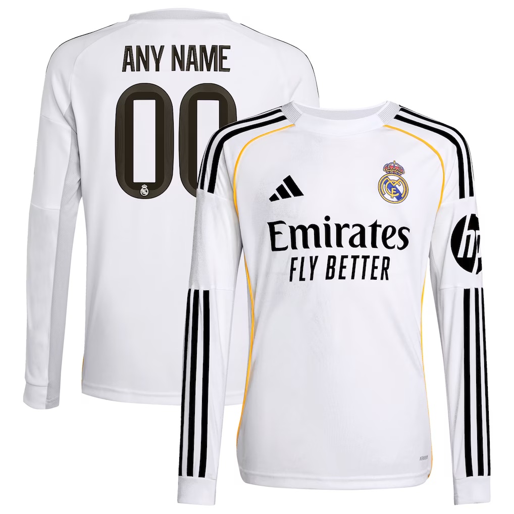 Real Madrid adidas Youth 2025/26 Home Replica Long Sleeve Custom Jersey - White