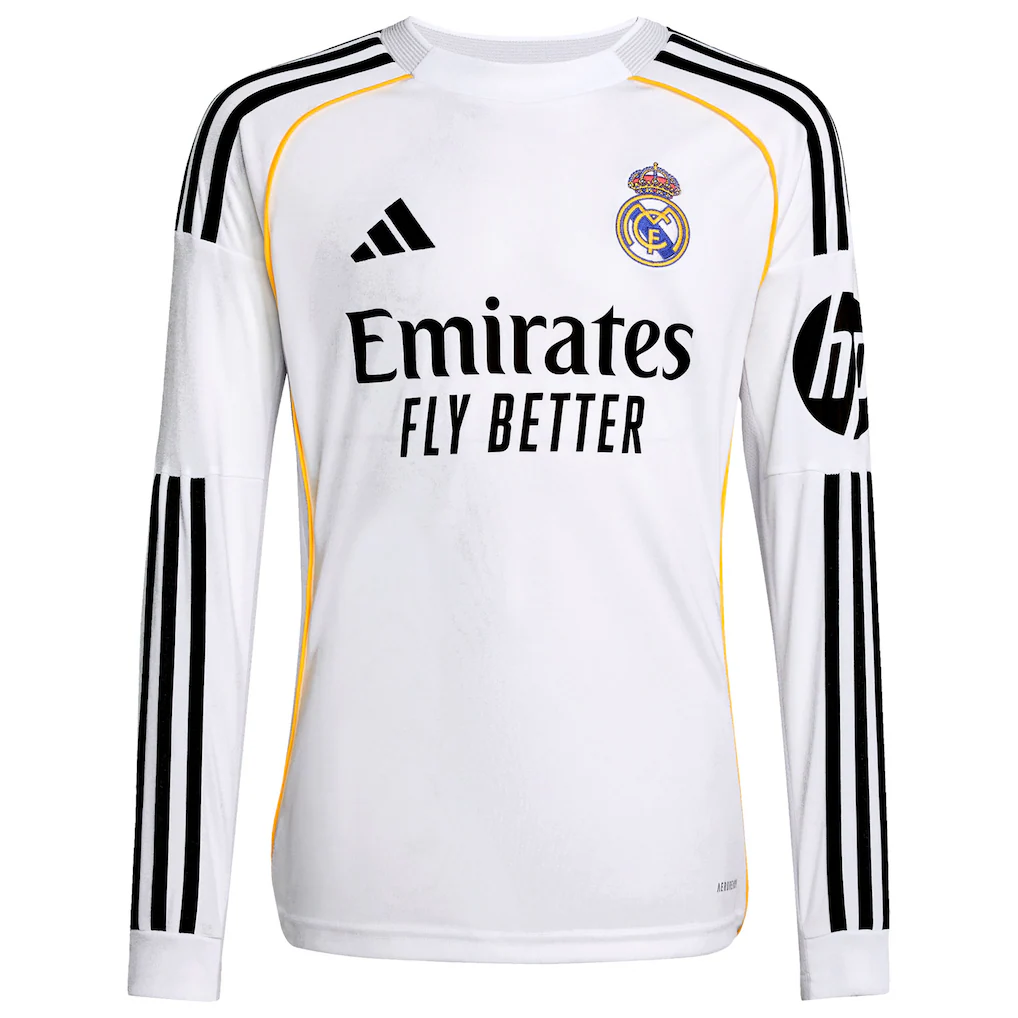 Real Madrid adidas Youth 2025/26 Home Replica Long Sleeve Custom Jersey - White
