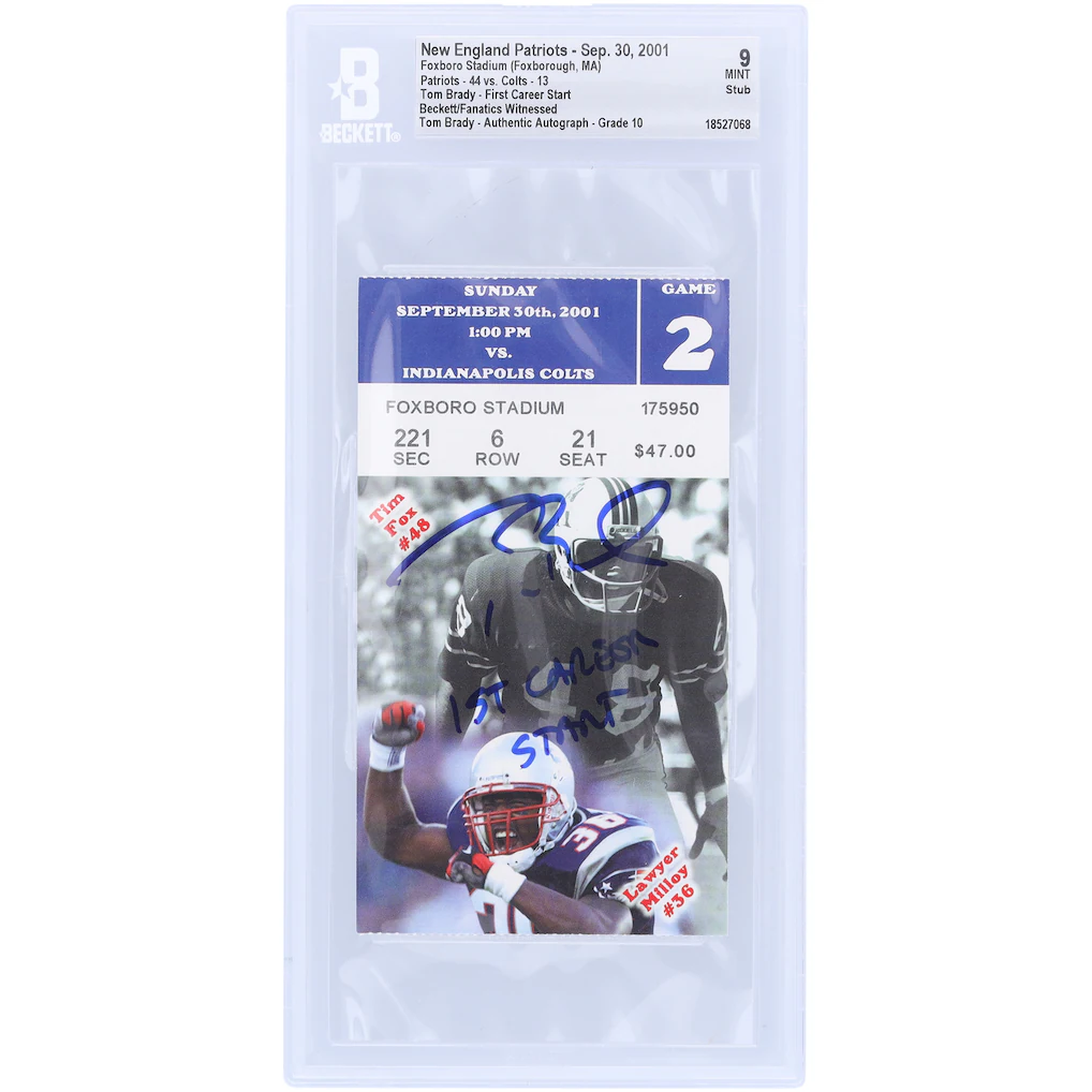 Tom Brady New England Patriots Autographed First Career Start Beckett Fanatics Witnessed Authenticated 9/10 Ticket from September 30, 2001 with "1ST CAREER START" Inscription