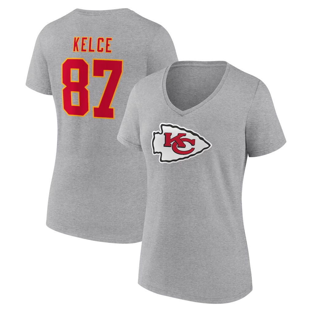 Travis Kelce Kansas City Chiefs Women's Icon Player Name & Number V-Neck T-Shirt - Gray